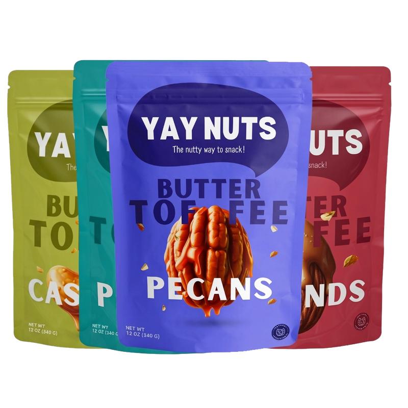 YAY NUTS Butter Toffee Pecans, Cashews, Almonds & Peanuts – Crunchy, All-Natural, No Preservatives, Made in USA – Guilt-Free Snacking with Real Ingredients - 12 oz each (340g)