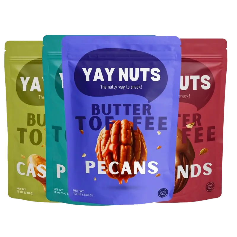 YAY NUTS Butter Toffee Pecans, Cashews, Almonds & Peanuts – Crunchy, All-Natural, No Preservatives, Made in USA – Guilt-Free Snacking with Real Ingredients - 12 oz each (340g)