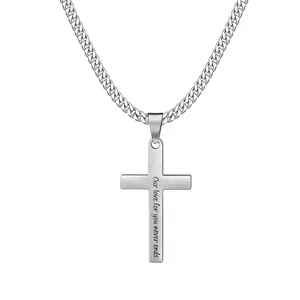 Men Cross Necklace Silver Plated Cross Pendant Necklace with 3mm Cuban Chain 18-24 Inch