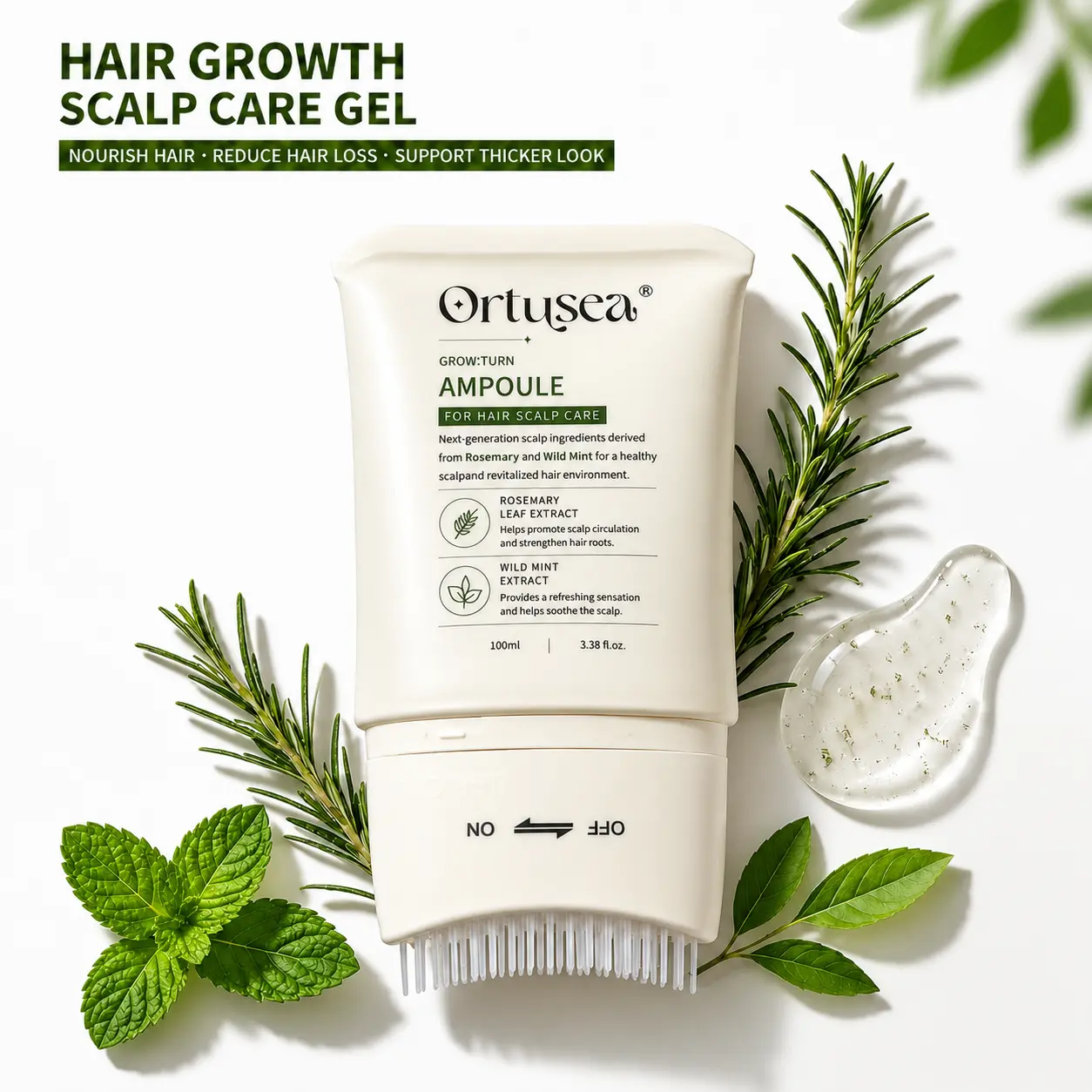 Ortusea Grow:Turn Scalp Hair Growth Serum with Built-In Massage Brush, Rosemary & Wild Mint Extract Scalp Treatment, Nourishes Hair Follicles for Thicker-Looking, Fuller & Stronger Hair, Anti-Thinning Hair Care