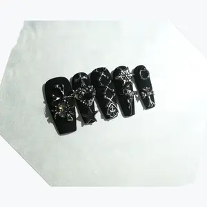【EWG】Gothic Cool Black Short Medium Nails Handmade Press On Nails, Fake Nails, Nail Art ,Nail Care,halloween nails,Trending Products CMM24462