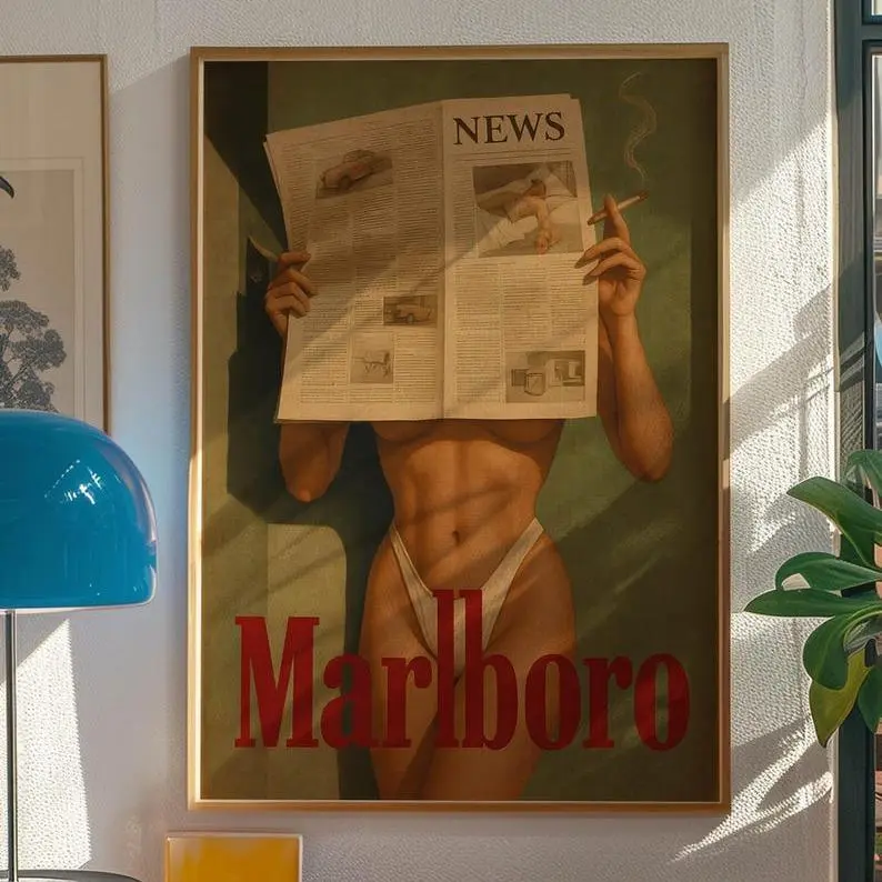 Vintage Cigarette Western Poster Print, Retro Marlboro Print, Vintage Marlboro Art Print, Marlboro Model Bikini Poster, Preppy Posters