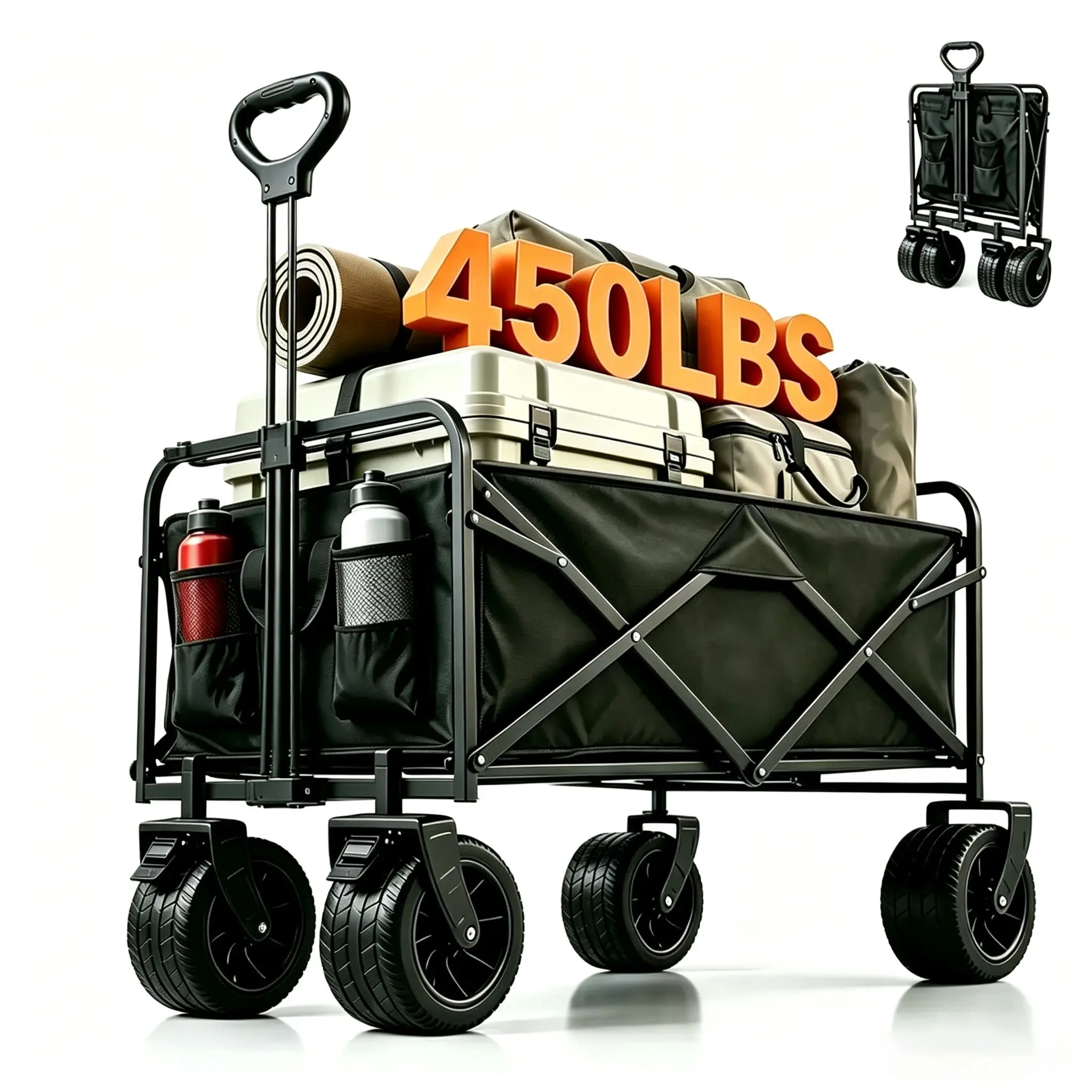 Collapsible Wagon Cart with 450lbs Weight Capacity, Heavy Duty Foldable Wagon with Big All-Terrain Wheels & Drink Holders, Utility Carts for Camping, Garden, Outdoor, Grocery, Sports, labor day. Black trollies