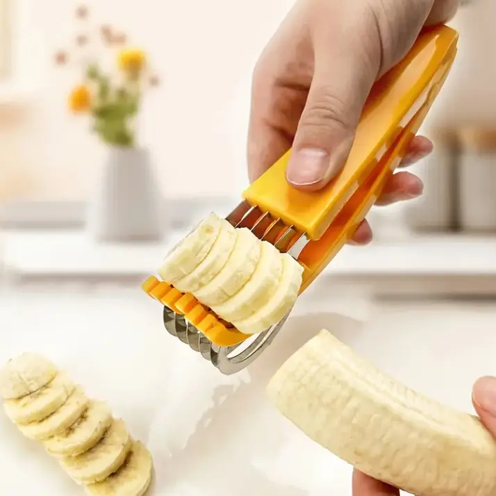 Stainless Steel-PP Manual Fruit Cutter - Non-Toxic Durable Versatile Kitchen Tool, Smooth Clean Slices, Handheld Vegetable Tool for Banana, Cucumber, Camping Use