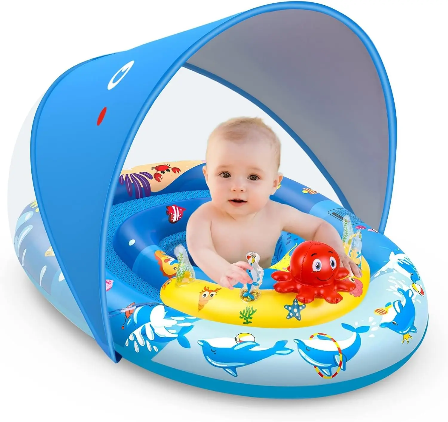 Baby Pool Float with Canopy UPF50+ Sun Protection, Inflatable Kids Pool Floats with Ocean Animal Toys for Baby 6-36 Months, Infant Swimming Float with Adjustable Safety Seat for Boys Girls