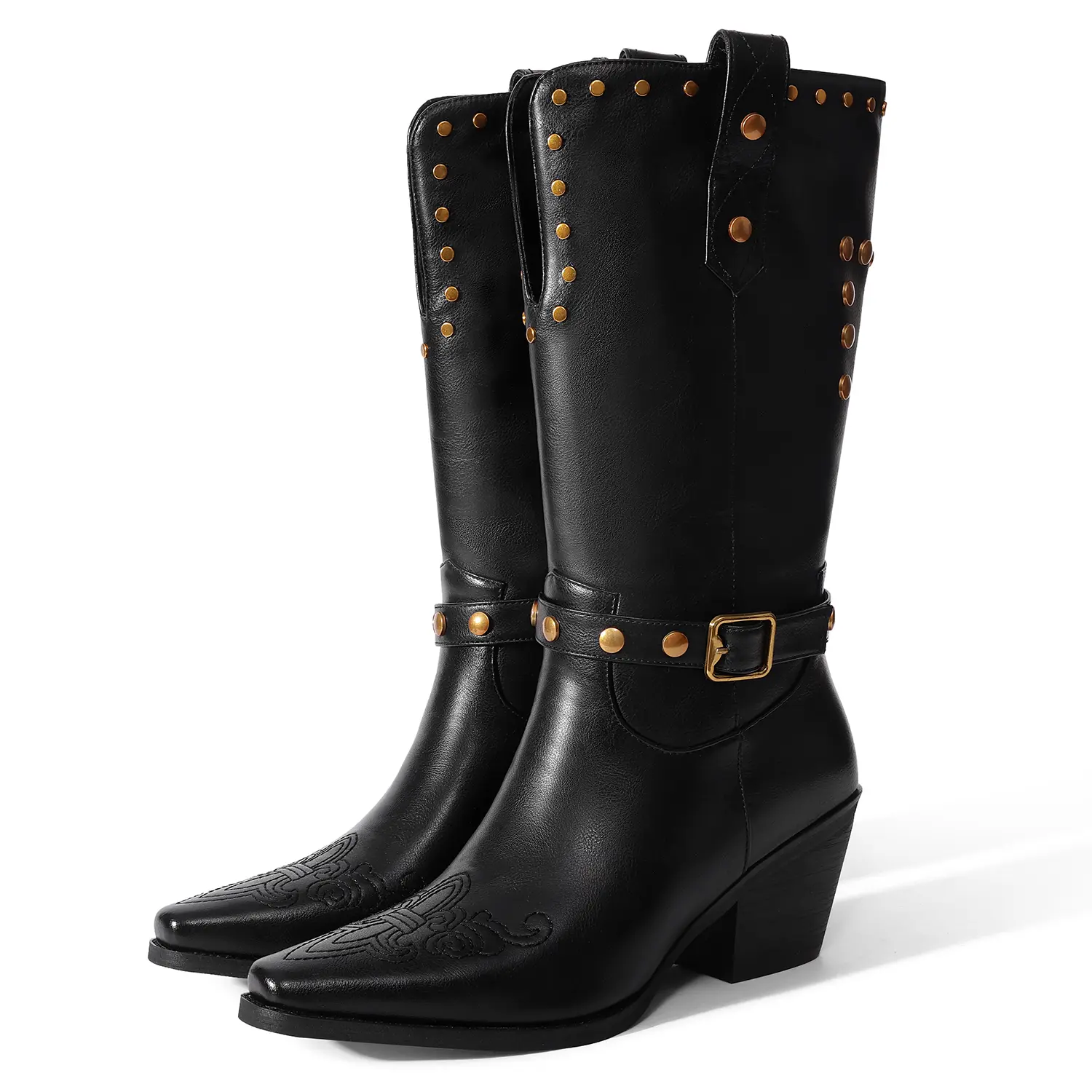 Womens Cowboy Cowgirl Boots Wide Mid Calf Square Toe Riding Boots Motorcycle Biker Chunky Low Heel Distressed Studded Boots