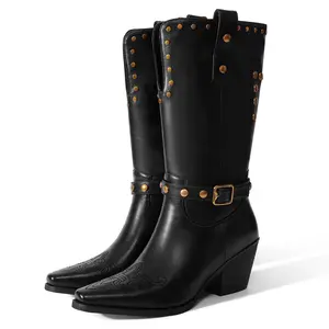 Womens Cowboy Cowgirl Boots Wide Mid Calf Square Toe Riding Boots Motorcycle Biker Chunky Low Heel Distressed Studded Boots
