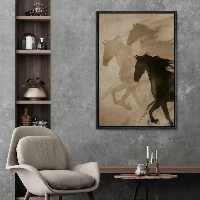 Canvas Wall Art Prints Dynamic Galloping Horses in Sepia Tones, Rustic and Elegant Artwork, Living Room or Office Wall Decor Artistic Cotton Matte Minimalist wall decor posters