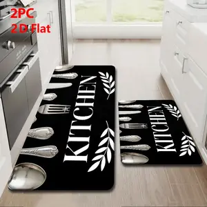 2pcs/3pcs Flannel Kitchen Mat Set, Base with Vintage Silver Cutlery, Absorbent and Non-Slip, Home Decor, Kitchen Runner Rug