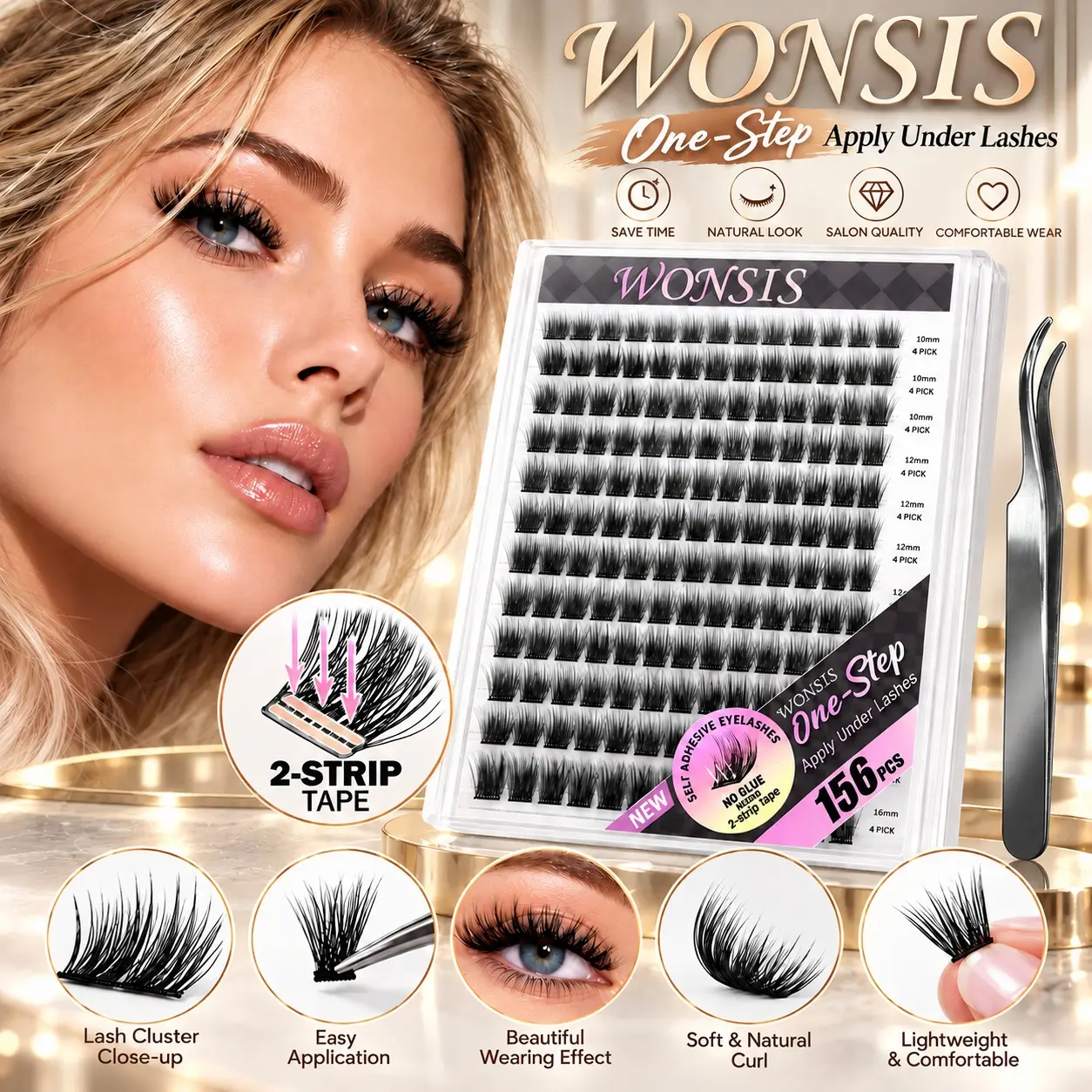 WONSIS Self-Adhesive Lash Clusters Kit, Pre-Glued False Eyelashes, No Glue Needed, DIY Eyelash Extensions, Invisible Tape, Easy-to-Apply Individual Lash Clusters, Natural Wispy Volume Manga Styles for Everyday Makeup