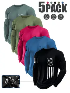 Men's 5-Pack Long Sleeve T-Shirt Set - American Flag Vertical Design, Quick Dry Breathable Athletic Mesh Shirt for Gym Sports Casual Wear Spring Fall