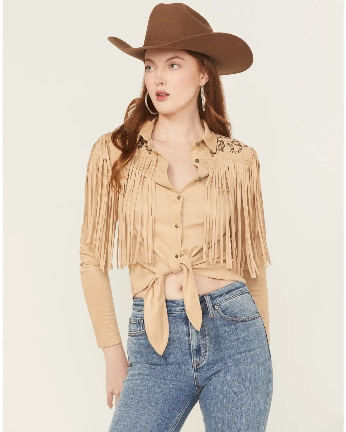 McKinney Faux Suede Long Sleeve Fringe Top