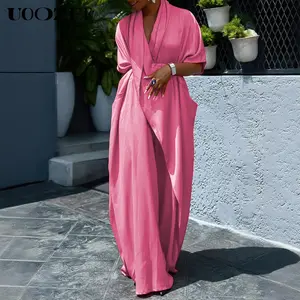 UOOZEE Women's Polyester Short-Sleeve Basic Pink Summer Shirt Dress - V-Neck, High Waist, Loose Asymmetric, Single-Sided Pocket, Belted, Breathable Casual Outfits (Smaller Bust Fit - Check Size Guide or Order 1 Size Larger),summervibes