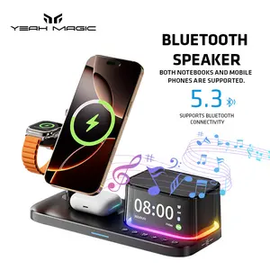 YEAH MAGIC 5-in-1 Charging Station Wireless with Speaker,23W Fast charging,with Bluetooth Spaker,LED/ARGB Night Light. Qi2 Certified,for iPhone,iWatch,AirPods
