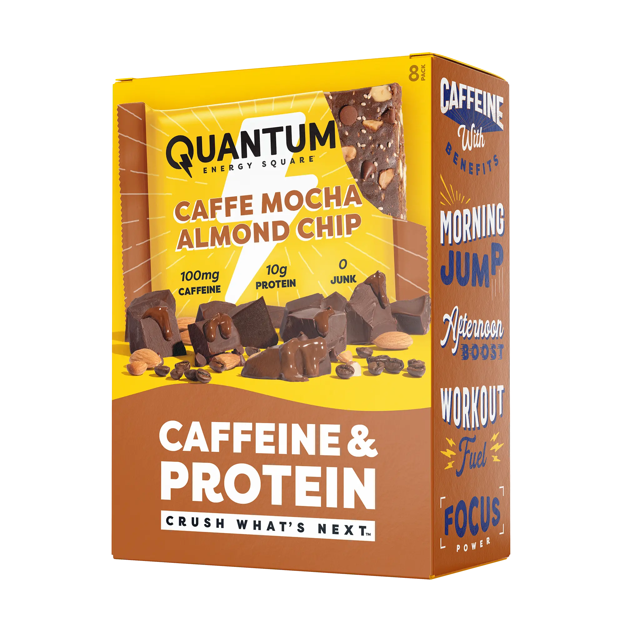 Quantum Energy Square Healthy Protein Energy Bars Caffe Mocha Almond Chip 8Pk Snack - Organic Caffeine with Balanced Macronutrients, 10g Plant-Based Protein, Vegan, Gluten-Free, Non-GMO