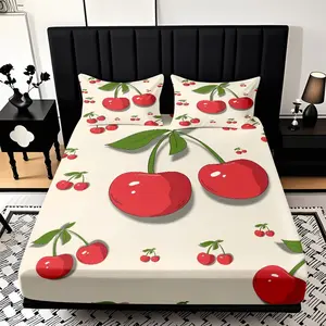 2/3 Piece Cherry-themed Illustration Pattern Fitted Sheet Set(1*Fitted Sheet+1/2*pillowcase,no Filling)soft And Comfortable Bedding Set,all Season Use,machine Washable,perfect Gift For Family Festivals Christmas New Year