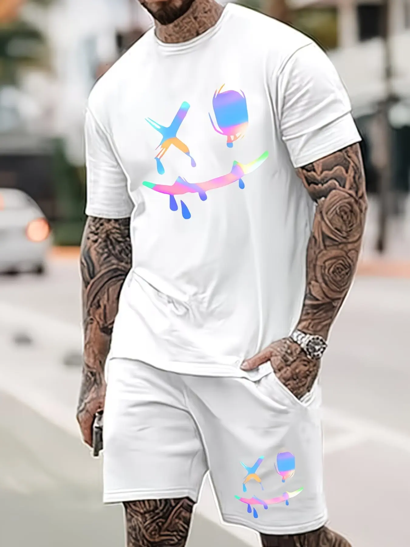 Men's Glowing Smile Print Short Sleeve Set, Menswear Summer Trendy Sporty Casual Sports, Fluorescent Pattern Fashion Wear, Lightweight Summer Activewear, Activewear Shorts Sets