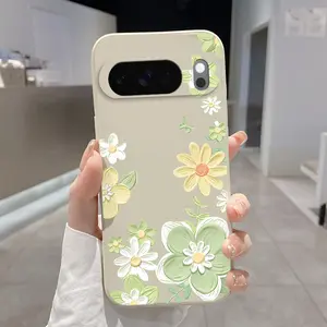 Green flowers Pattern Rounded Edge Phone Case for Google Pixel 10 9 XL 8 7 Pro A Shockproof Drop Protection Rugged Durable Liquid Silicone Cover Cellphone Protective