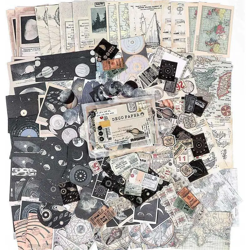 Vintage Space Themed Pattern Stickers Set, 200pcs/set Scrapbooking & Stamping Material Paper, DIY Decorative Sticker for Scrapbooking & Journal Making