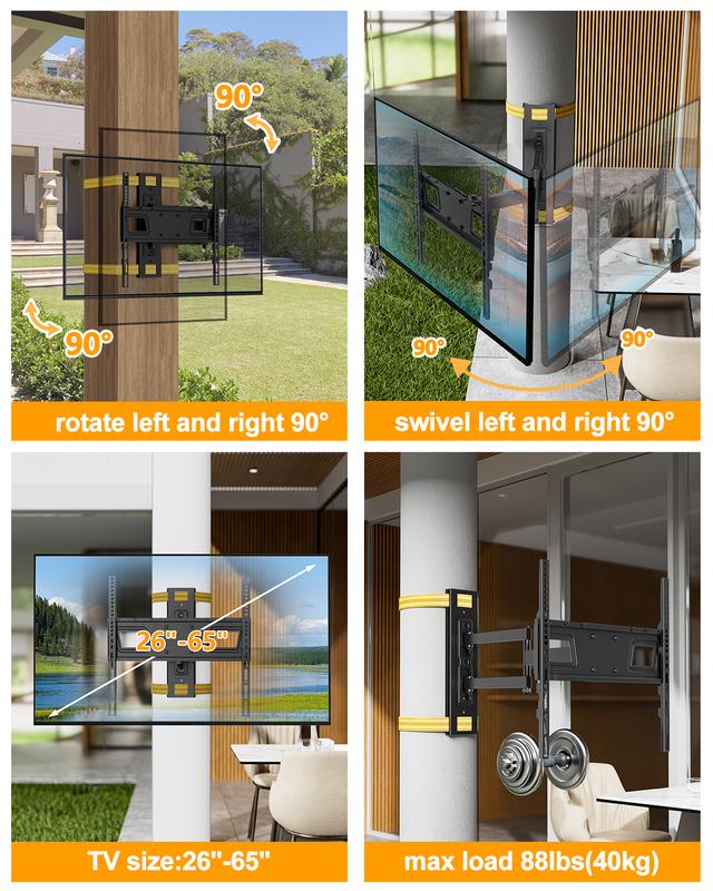 Gazebo Drill-Free Weatherproof Outdoor TV Wall Mount 180° Rotating Screen 88-Pound Capacity Suitable for 26-65" TVs Horizontal & Vertical Switchable