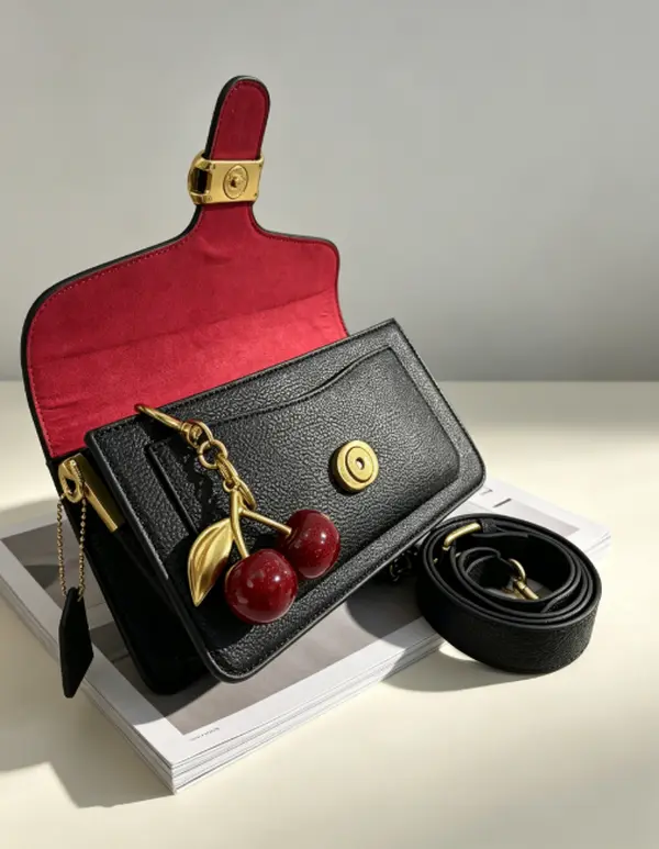 Women's Crossbody Bag – A minimalist small flap bag suitable for commuting and travel; an elegant gift for her. Includes a cherry charm.