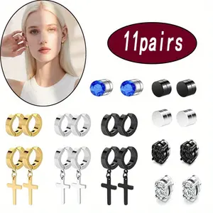 Pack of 11 Magnetic Stud Earrings, Stainless Steel Clip on Earrings, Non Piercing Cross Earrings, Unisex Hoop Dangle Magnetic Earrings, for Men Women