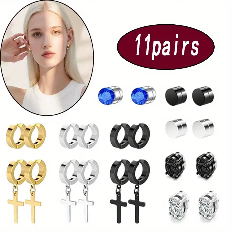 Pack of 11 Magnetic Stud Earrings, Stainless Steel Clip on Earrings, Non Piercing Cross Earrings, Unisex Hoop Dangle Magnetic Earrings, for Men Women