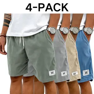 Men’s 4-Pack American-Style Corduroy Casual Shorts Set, Basic Stylish Athletic Sports Clothes, Mid-Length with Drawstring Elastic Waist, Breathable Skin-Friendly Lightweight Drapey Textured Fabric for Home, Outdoor Activities - Tropical Beige Menswear,sum
