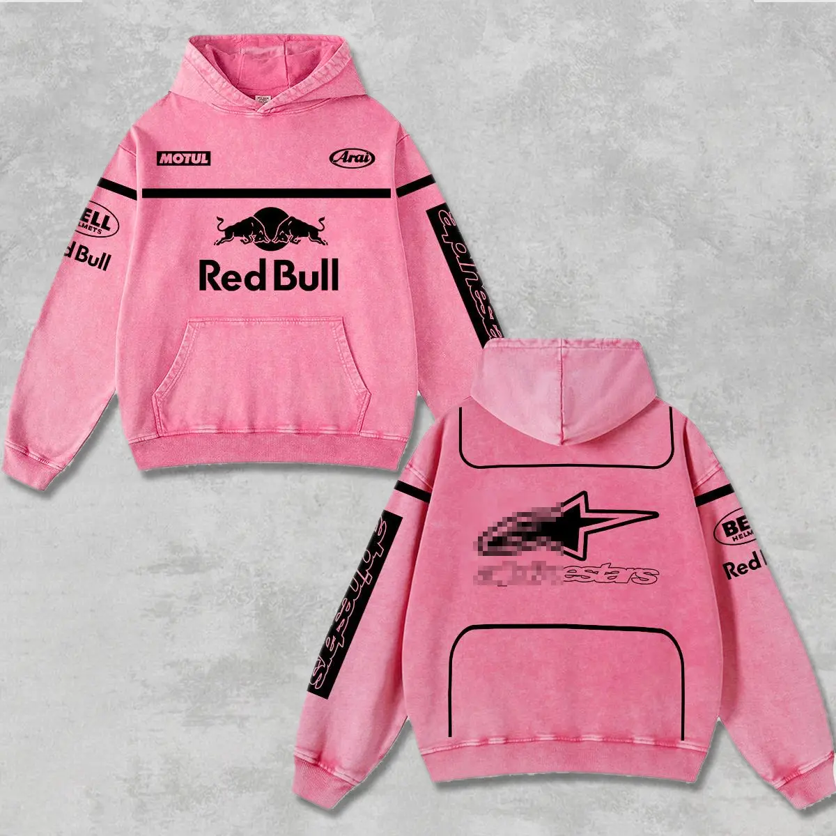 Retro Bell Helmets x Black RedBull Racing Hoodie Washed Pink, Motor World Championship Enthusiast, Motorcycle Off-Road Dirt Bike Graphic Streetwear, Heavyweight Biker Sweatshirt, Retro Moto Gear Motorbike Apparel Men’s Grunge Y2K Racing Jacket Style