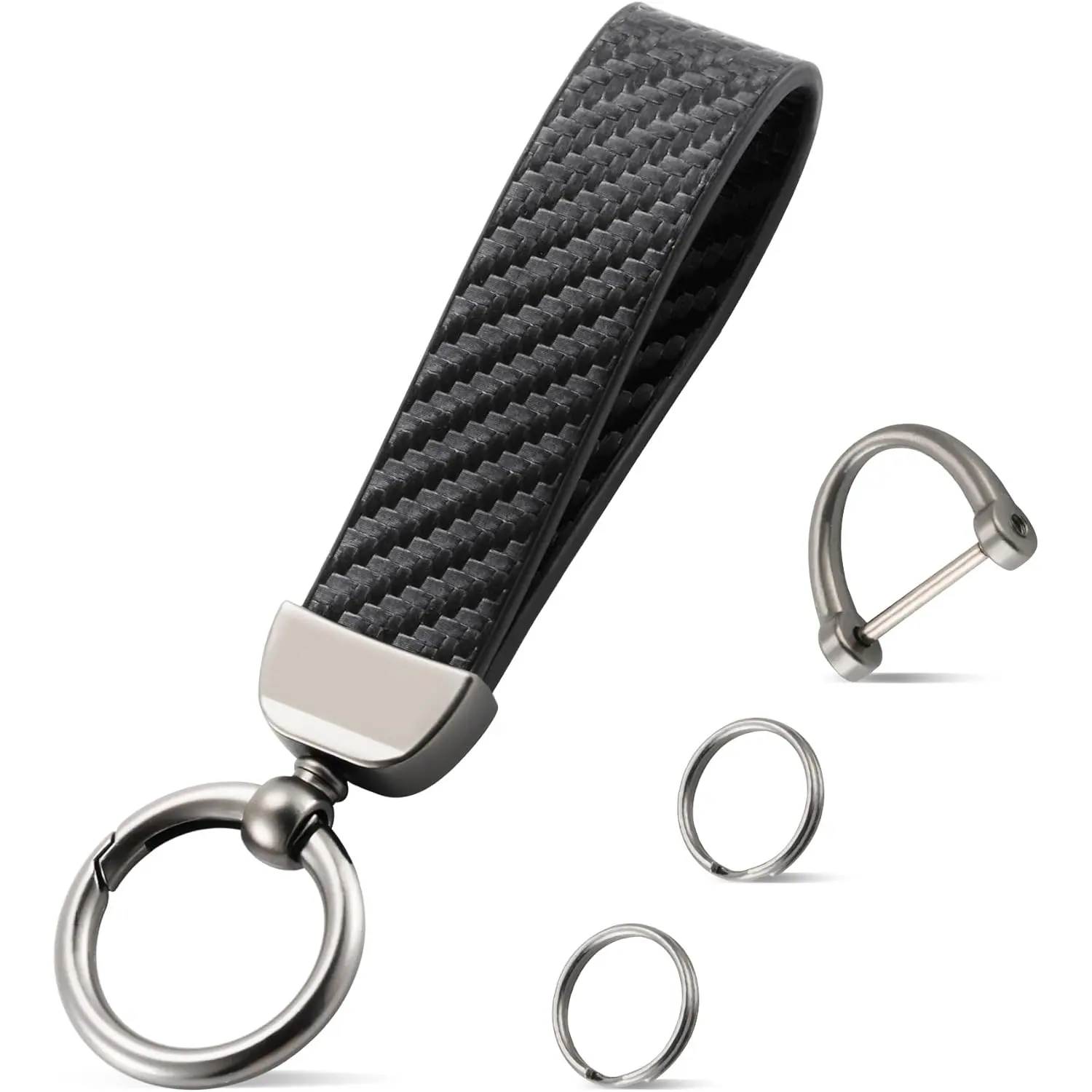 Leather-Carbon Fiber-Zinc Alloy Car Keyring with Anti-Lost Secure Ring, Carbon-Fiber Edge, 2 Key Rings, American Flag Universal Automotive Decor Accessory for Vehicle Decoration, Auto Decor Gift