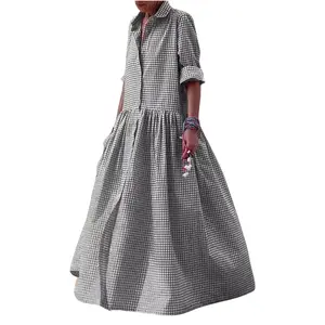 Chouyatou Women's Vintage Plaid Shirt Dress Loose Long-Sleeved Checkered A-Line Maxi Dress SpringStatements