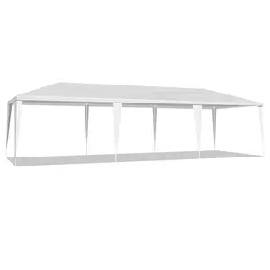 10×30 FT Outdoor Anti-Mosquito Patio Gazebo, White PE Roof, 8 Detachable Sidewalls, 2 Doors, 6 Panels, Powder-Coated White Steel Frame Party Shelter