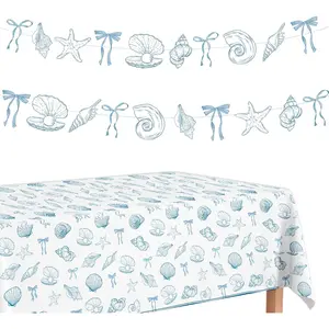 Beach Ocean Party Decorations - 4 Pcs Seashell Coastal Summer Decor Banner Tablecloth Blue Bow Under the Sea Supplies for Happy Birthday Baby Bridal Shower Wedding Bachelorette Engagement