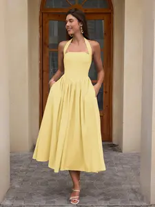 Halter Backless Smocking Tie A-line Dress, Elegant and Fashionable Party Date Dress