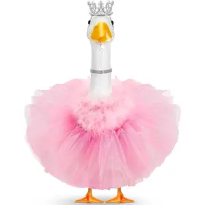 4 Pcs Princess Porch Goose Outfit for 23" 17" Cement Lawn Goose Costume Crown Necklace Tutu Skirt Feather Trim for Princess Outdoor Garden Lawn Art Decor(Pink)