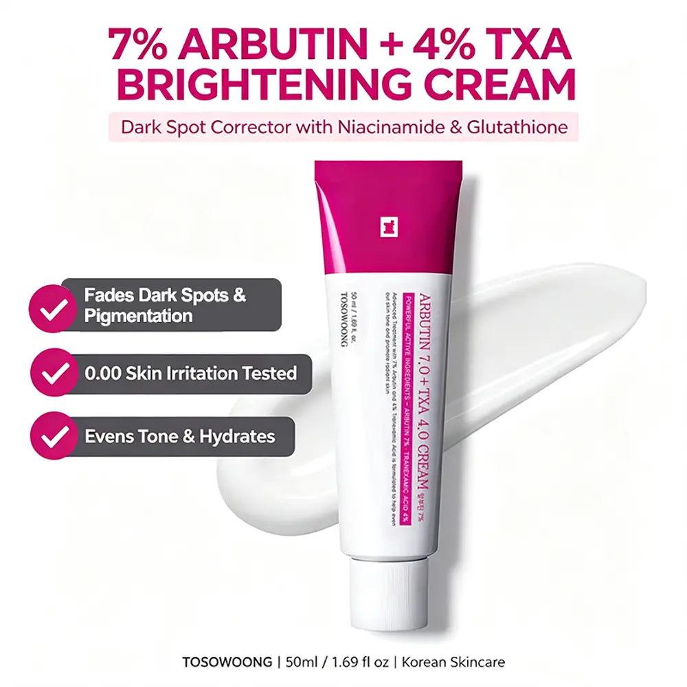 TOSOWOONG Arbutin 7% + Tranexamic Acid 4% Brightening Cream 50ml/1.69oz, 70000ppm Arbutin 40000ppm TXA Dark Spot Corrector, Gentle 0 Irritation Pigmentation Freckle Blemish Treatment, Hydrating Even Tone Korean Skincare for All Skin Types