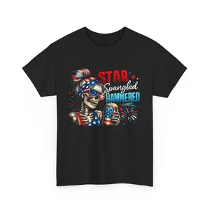 Star Spangled Hammered Shirt for Women | Funny Patriotic Skeleton T-Shirt | 4th of July Drinking Tee