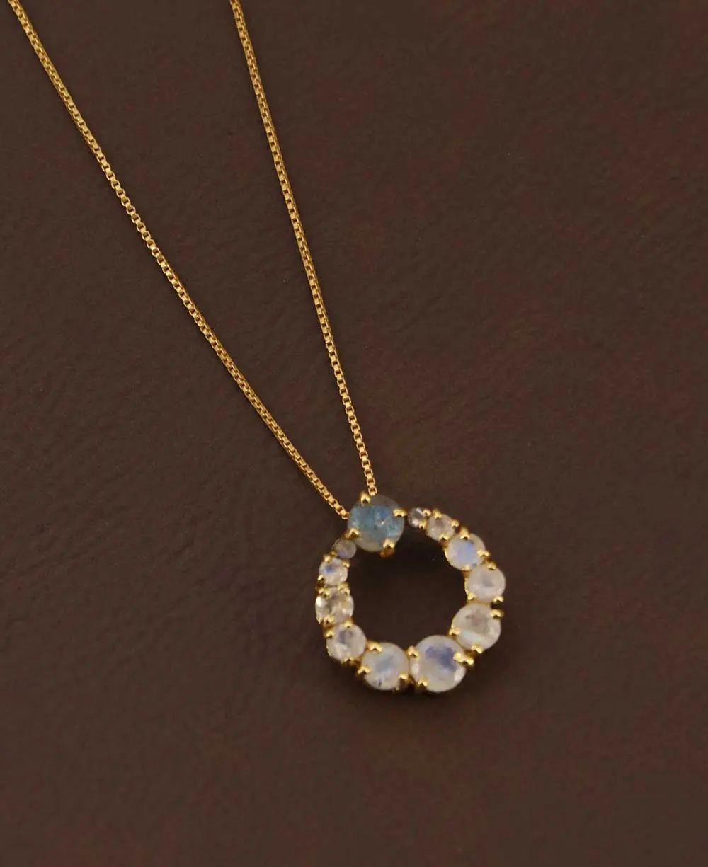 Rainbow Moonstone Circle Gold Plated Necklace