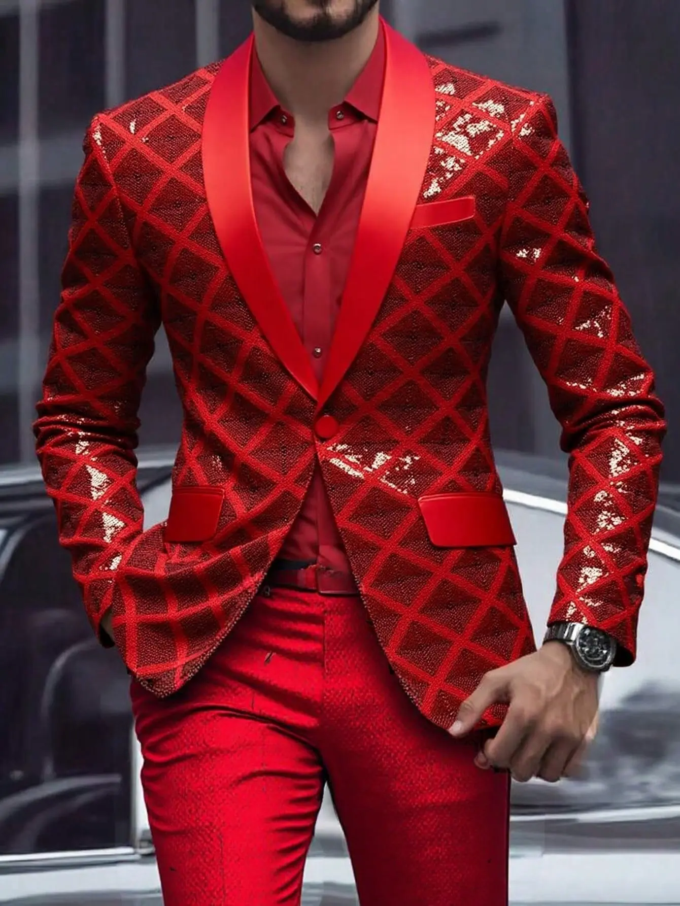 Red-DLXG Men's Elegant Formal Suit Jacket Plaid Design Long Sleeve Red Coat for Weddings Parties & Dinners Gift Idea Versatile Workwear Vneck Slim Fit Aesthetic Menswear