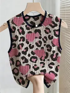 Boho Style Summer Knit Top, Loose Fit Round Neck Sleeveless Leopard Print, Women's Outdoor Vest, Bikini Cover-Up, Chic, Womenswear