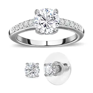 Moissanite  925 Sterling Silver Platinum Plated Ring Stud Solitaire Earrings Set for Women Jewelry Birthday Christmas Gifts Size 10 Ct 1.64