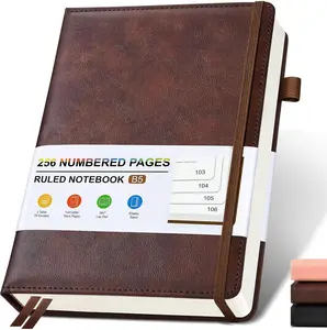 Lined Leather Journal Notebook for Men Women, Hardcover Journals with 256 Numbered Pages, B5 Journaling Notebooks for Writing, 100GSM Thick Ruled Paper for Business Work School 7.6"10", Brown