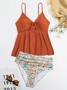 Women's Floral Print Tie Front Tankini Set, Casual Adjustable Strap Swim Top & Swim Bottom Two-piece Swimsuit for Beach Pool, Ladies Swimwear for All Seasons, Bathing Suits, Tankini Swimsuits Women, Boho Ruched Tankini, Flower Print Tankini