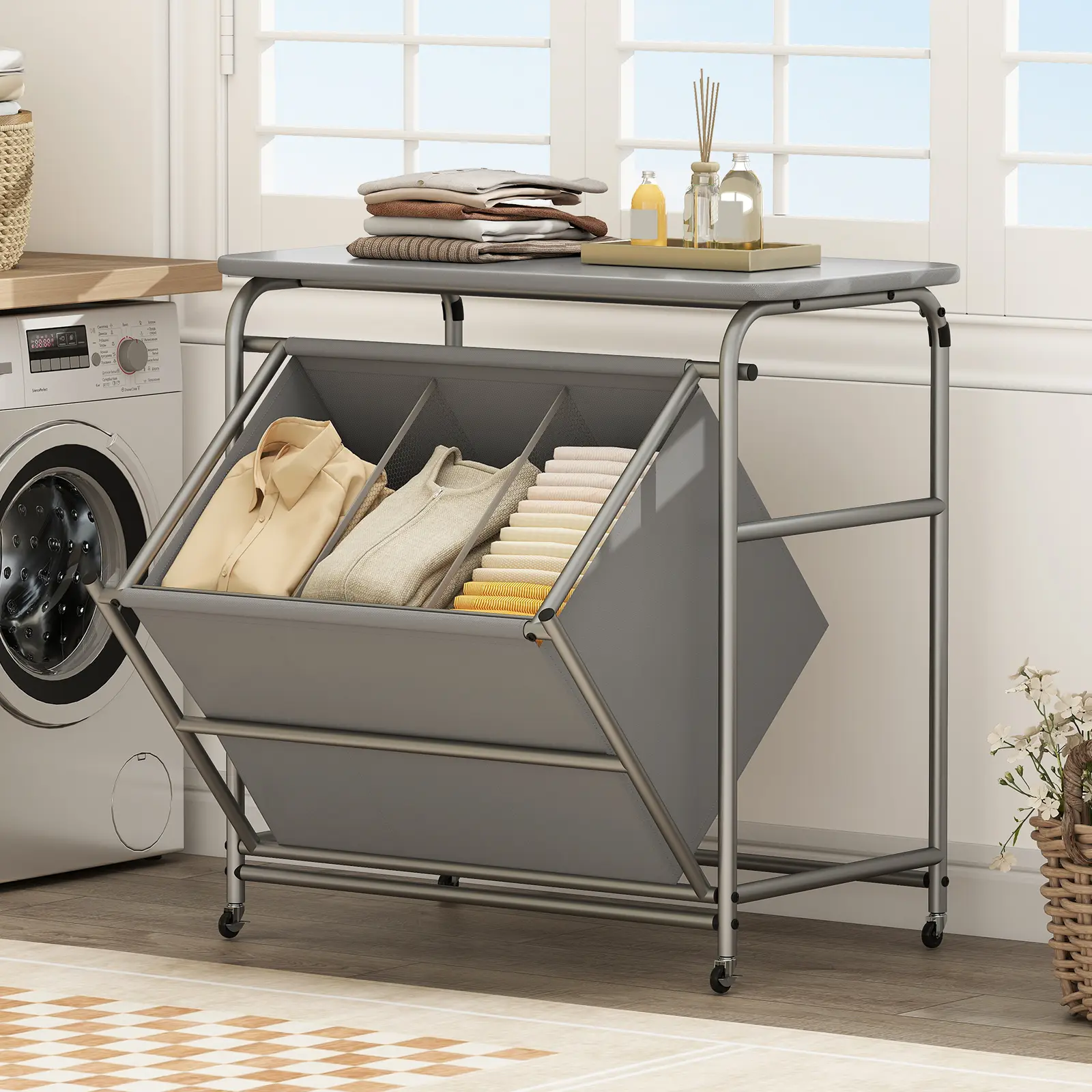 COSTWAY - 3-Section Laundry Sorter with Foldable Ironing Board and Lockable Wheels-Gray