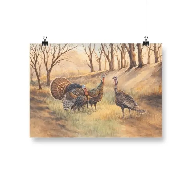 Vintage Wild Turkey Poster, Wildlife Bird Illustration Print, Rustic Hunting Lodge Wall Art Artistic Artwork
