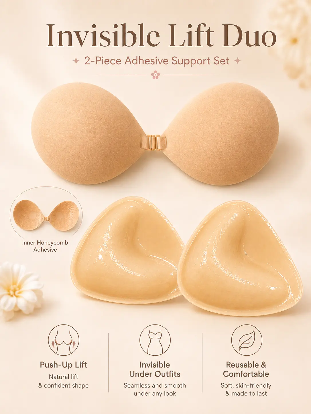 Women’s Sticky Bra & Triangle Bra Pads,Strapless Backless Adhesive Push Up Bra with Front Clasp, Reusable Invisible Silicone Bra Inserts for Dresses, Bikini Tops & Summer Outfits