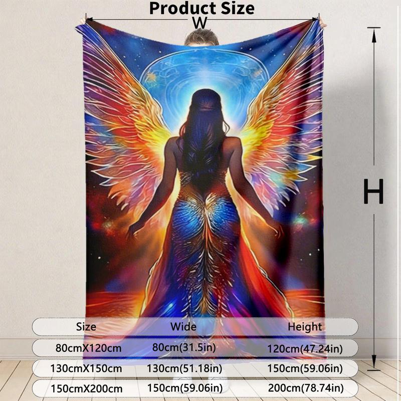 1 piece Colorful-winged angel back with cosmic halo themed flannel blanket - Oversized fluffy warm sofa blanket, suitable for beds and sofas, modern geometric pattern design, all-season use, digital printing, 100% polyester material, machine