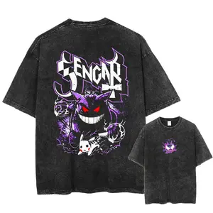 Retro Vintage "Ghost Gengar" - Pokemon Anime Double Printed Oversized Mineral Washed Unisex T-Shirt Gift For Anime Fan in Halloween anime graphic
