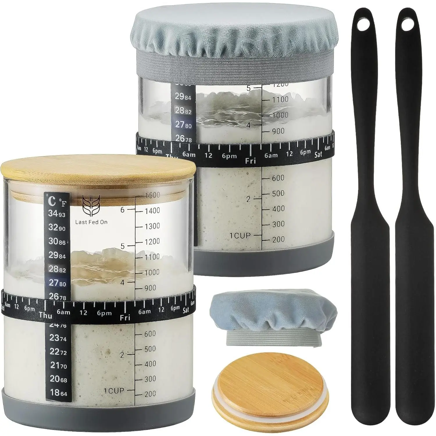 Sourdough Starter Jar 2Pack ,50oz Wide-Mouth with Non-slip  rubber Bottom Sourdough Starter Kit,Date Marked Feeding Band, , Cloth Cover &  Lid,  Sourdough Bread Baking