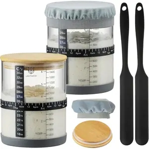 Sourdough Starter Jar 2Pack ,50oz Wide-Mouth with Non-slip  rubber Bottom Sourdough Starter Kit,Date Marked Feeding Band, , Cloth Cover &  Lid,  Sourdough Bread Baking